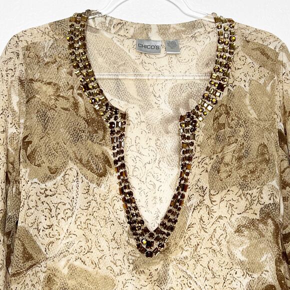 CHICO'S Silk Rhinestone Bead Embellished Sheer Tunic Blouse Top Womens Medium - Picture 3 of 8